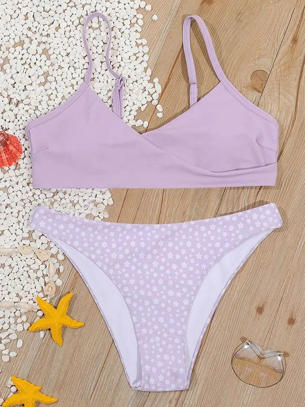 Crossed Floral-Print Floral-Print Split Bikini Swimsuit