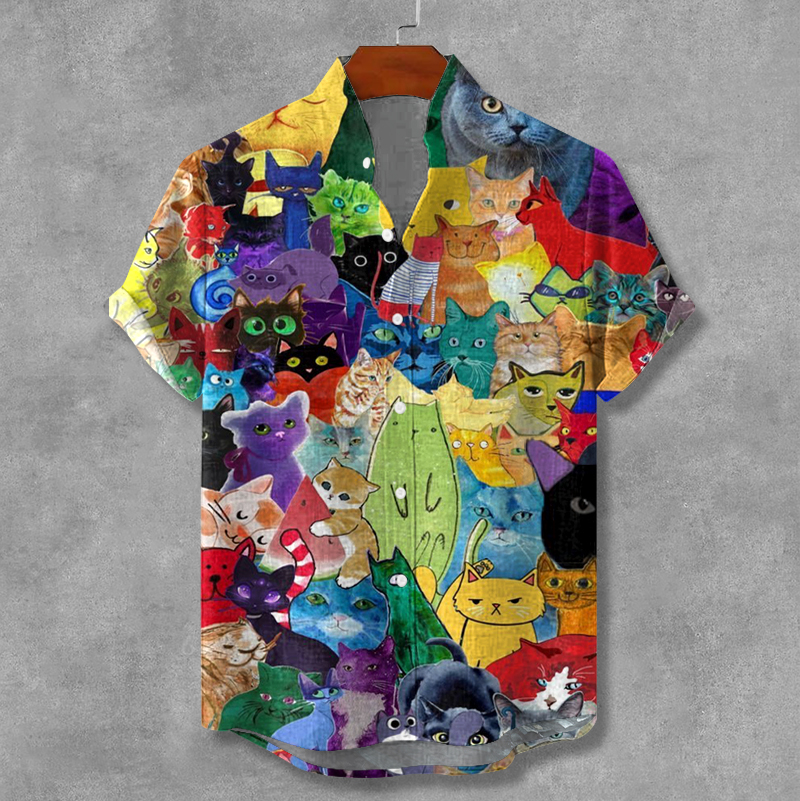 Comstylish Retro Colorful Abstract Cat Art Linen Shirt