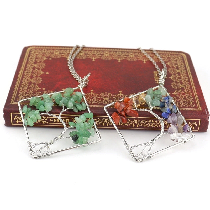 Fashion Square Tree Natural Stone Crystal Metal Beaded Hollow Out Pendant Necklace 1 Piece