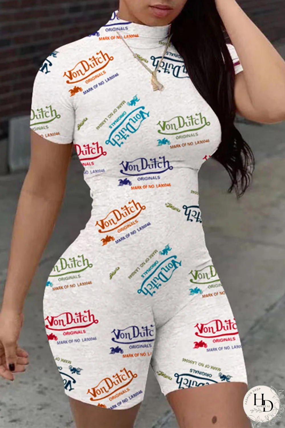 White Casual Sportswear Letter Print Basic Turtleneck Skinny Romper