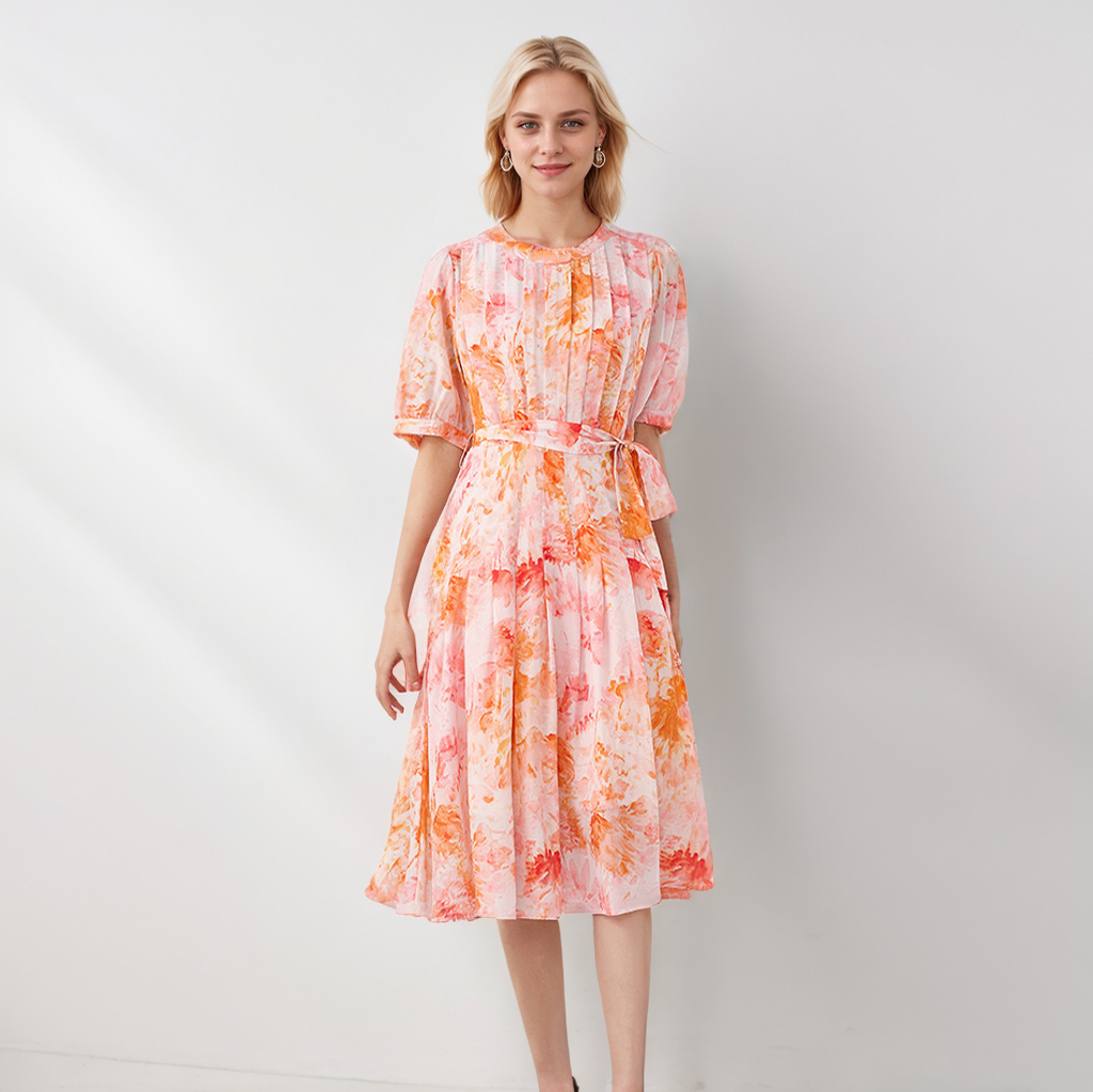 Spring-Summer Gauze Silk Dress with Vivid Floral Prints for Vacation REAL SILK LIFE