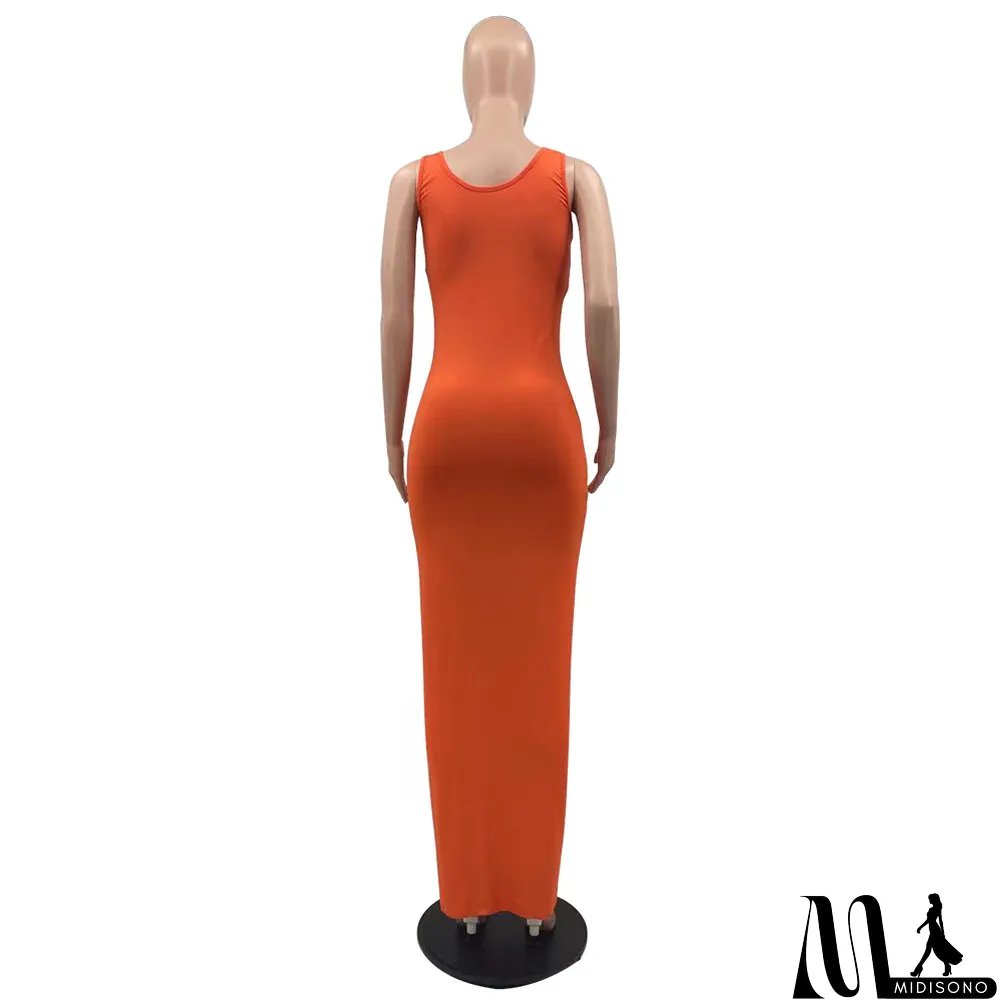 MidiSono - Solid Sleeveless V Neck Ruffled Split Maxi Dress