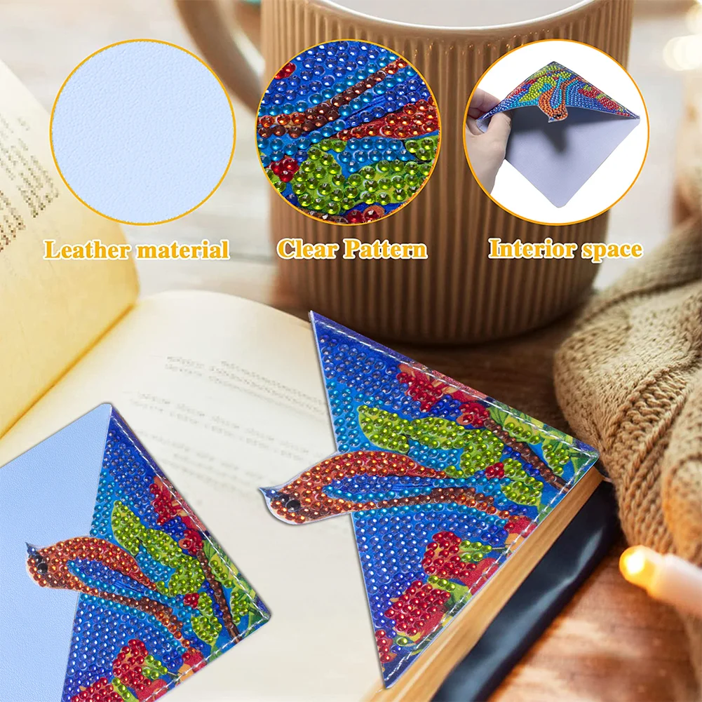 4pcs DIY Bird Diamond Art Bookmarks Art Craft 5D Leather Triangle Page Book Marks
