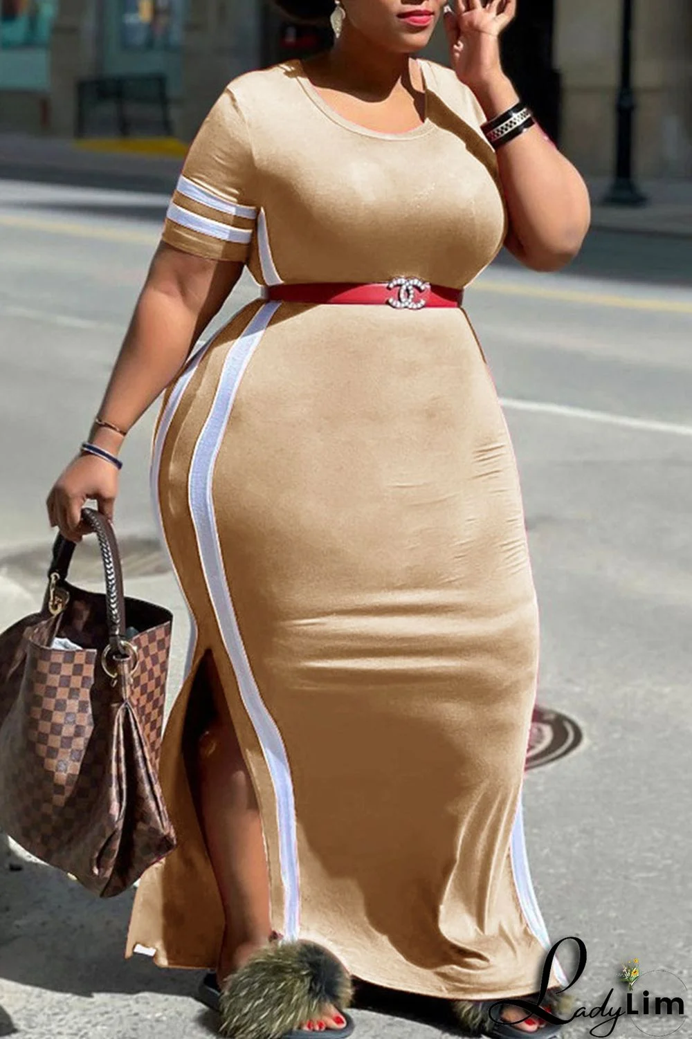 Apricot Fashion Casual Plus Size Solid Split Joint Slit O Neck Short Sleeve Dress (Without Belt)