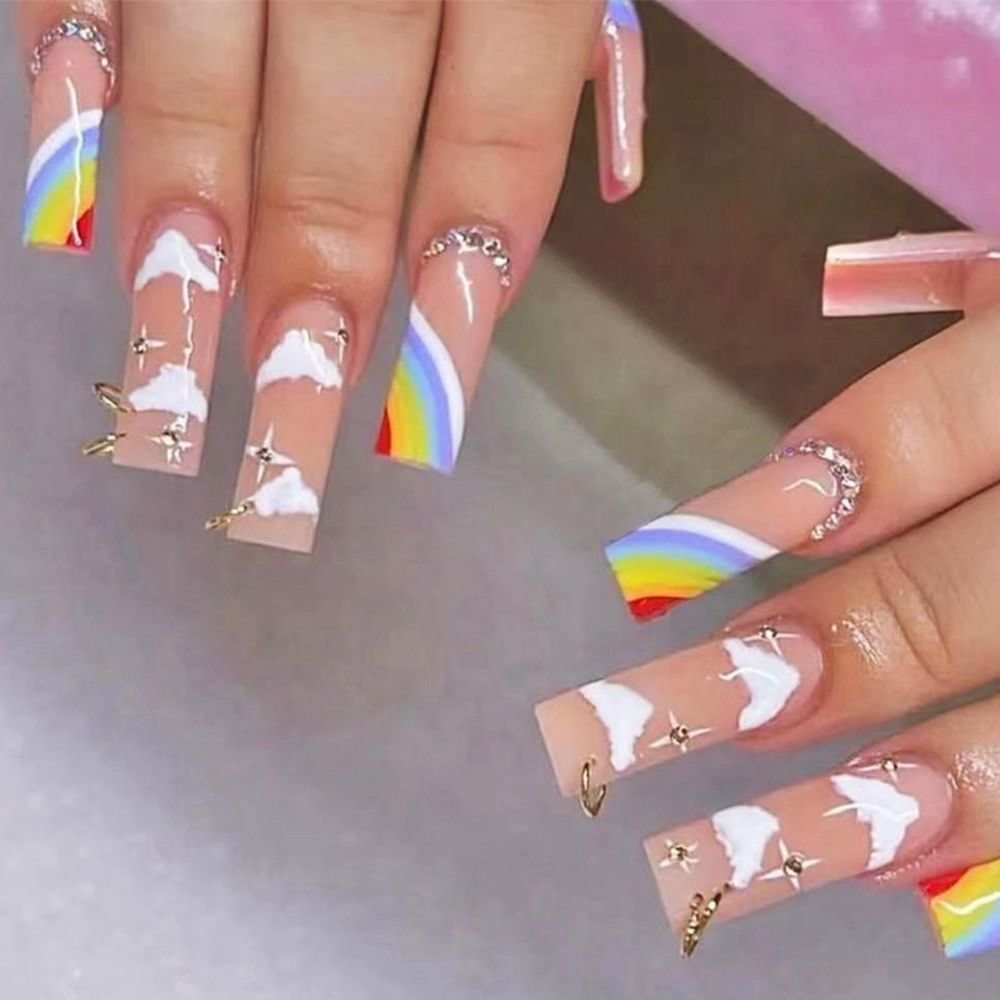 Long Ballet Press On Nails Rainbow Cloud Gold Ring French Fake Nails Full Cover Coffin False Nails DIY Manicure Decoration
