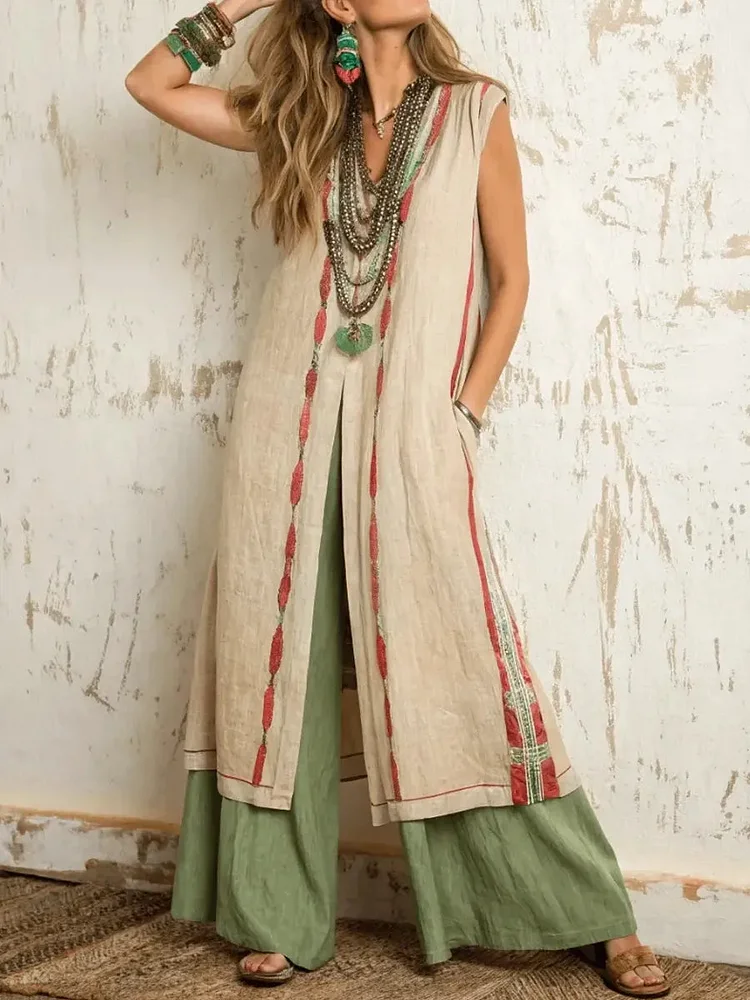 Women's Ethnic Comfortable Loose Sleeveless Top + Pants Cotton Linen Two-piece Set