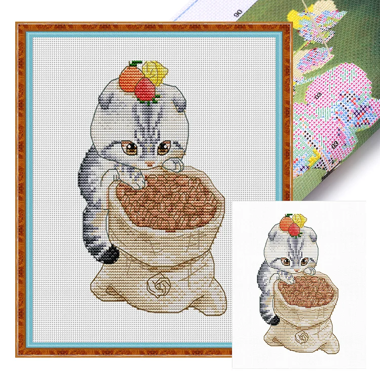 Spring-Cat On Coffee Beans (20*26cm) 14CT Stamped Cross Stitch gbfke