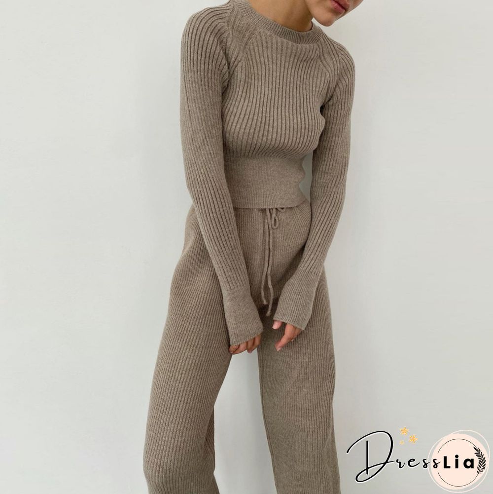 Knit Pullover Sweater Suit 2 Pieces Set Solid Women Tracksuit O Neck Sweater Long Pant New Fashion Chic Casual Knitted Outwear