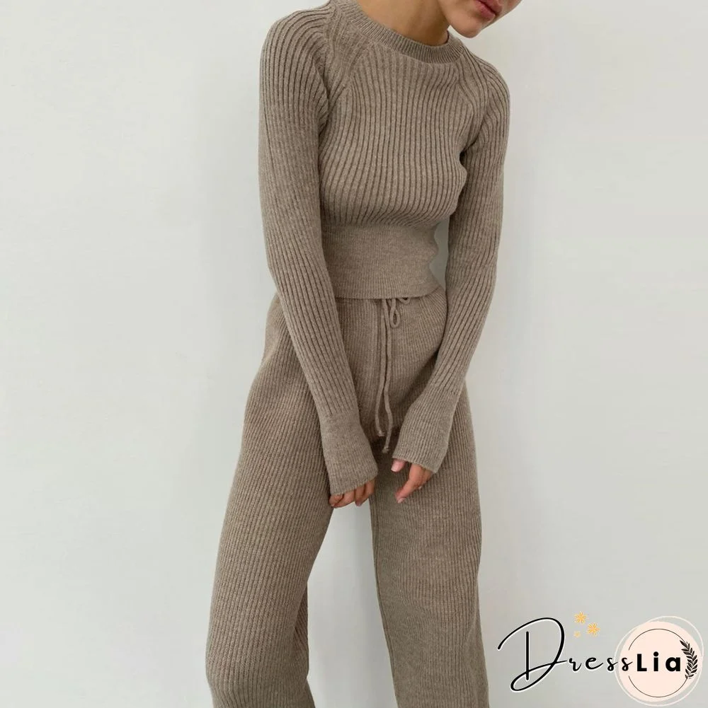 Knit Pullover Sweater Suit 2 Pieces Set Solid Women Tracksuit O Neck Sweater Long Pant New Fashion Chic Casual Knitted Outwear