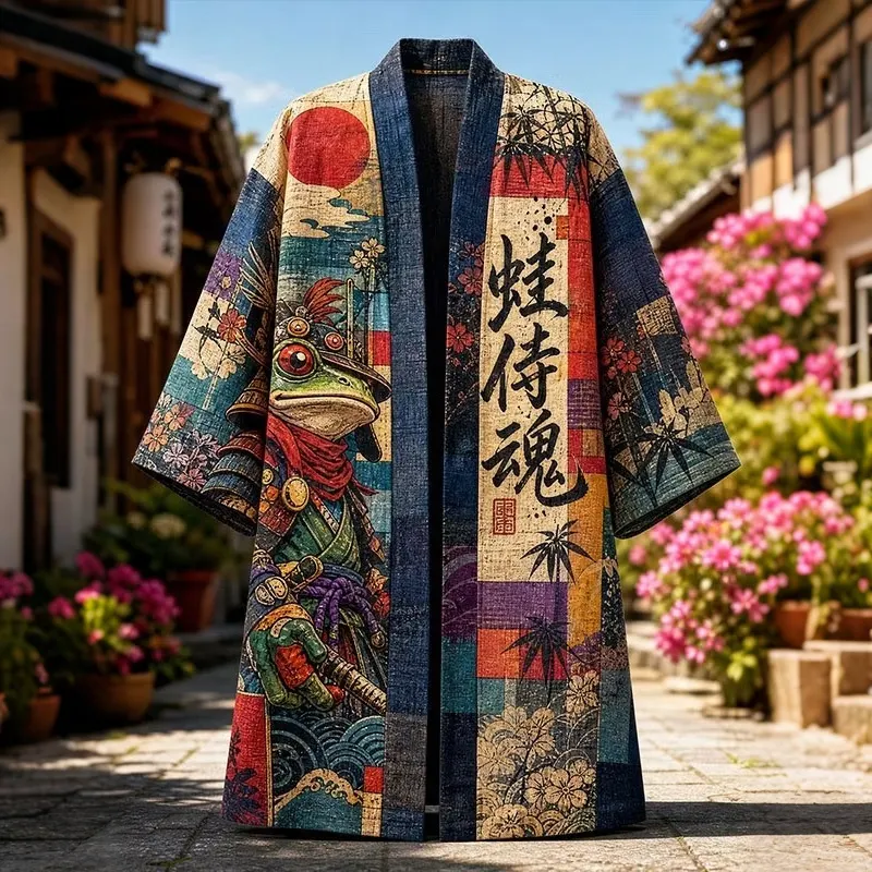 Men's Patchwork Retro Samurai Frog Sakura Wave Bamboo Japanese Kanji Printed Casual Kimono Cardigan  artssus