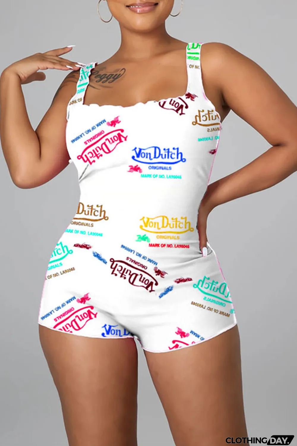 White Sexy Print Patchwork Square Collar Skinny Jumpsuits