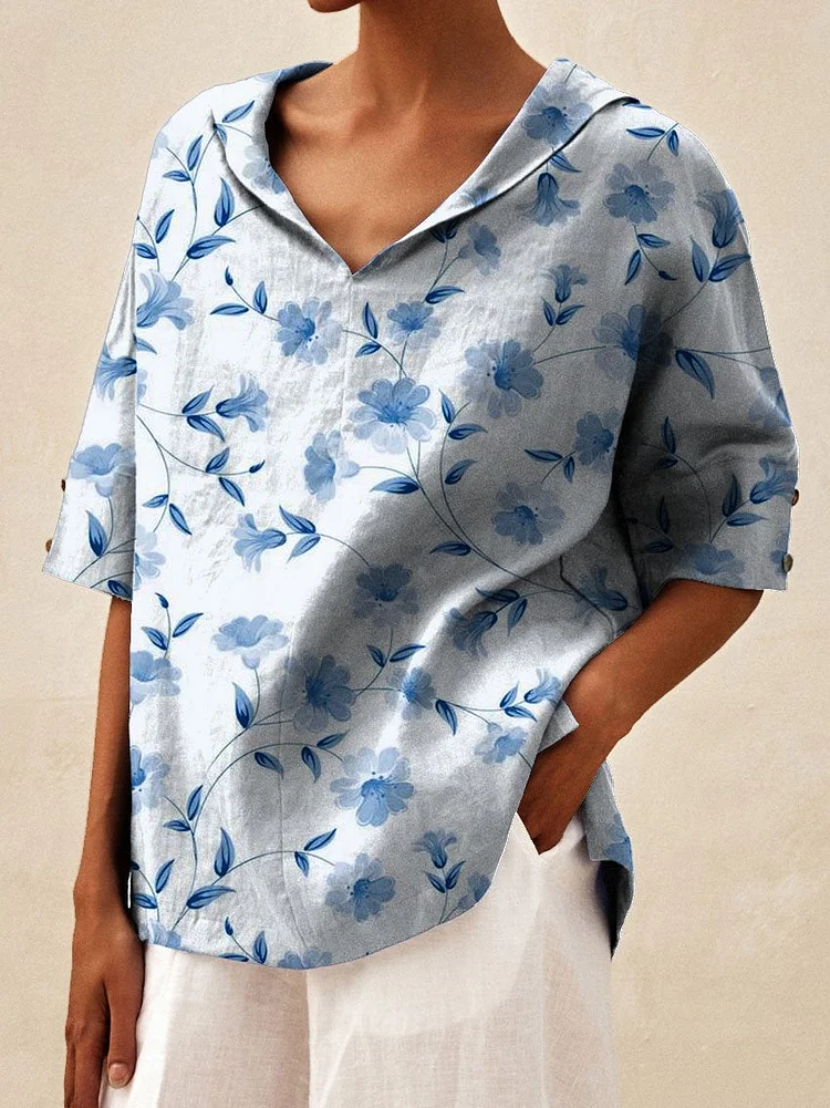 Women's Vintage Lovely Floral Art Print Casual Linen V-neck Shirt
