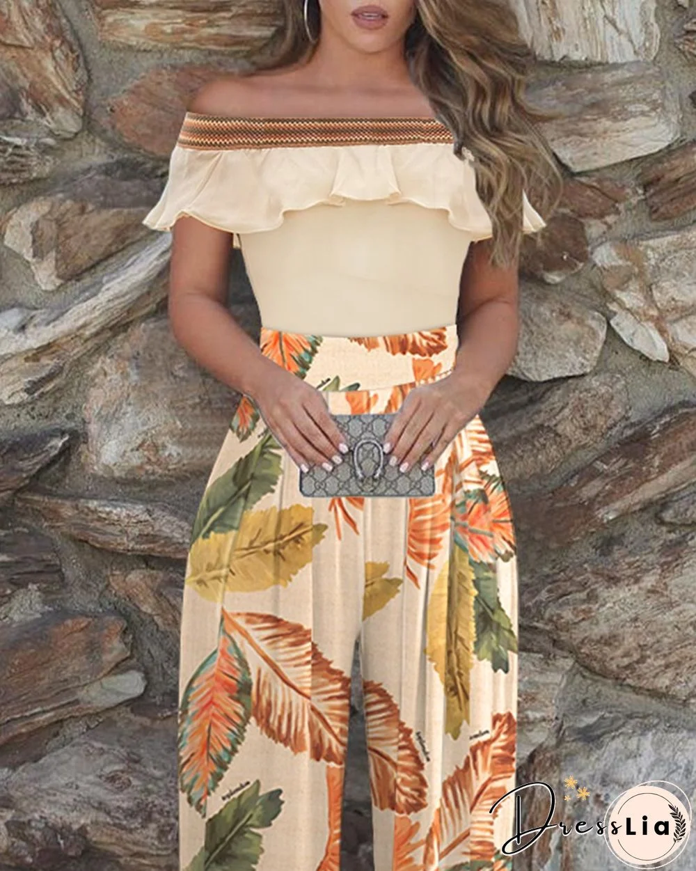 Floral Print Off Shoulder Colorblock Top & Pants Sets