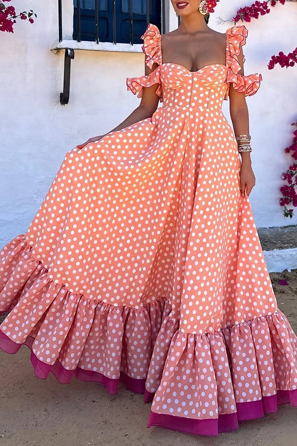 Peach Polka Dot Print Ruffle Dress