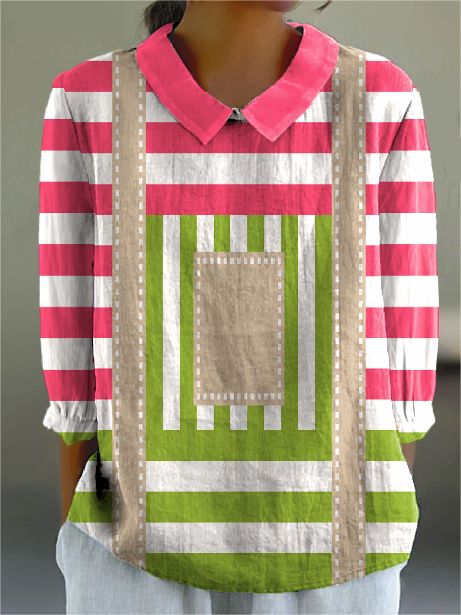 Women's Bright Stripe Art Print Casual Cotton And Linen 3/4 Sleeve Shirt