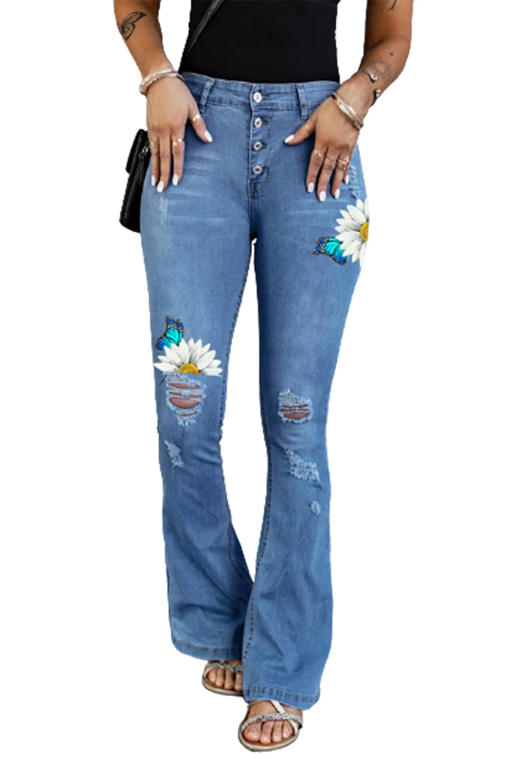Sky Blue Daisy Butterfly Print Button-fly Distressed Flare Jeans