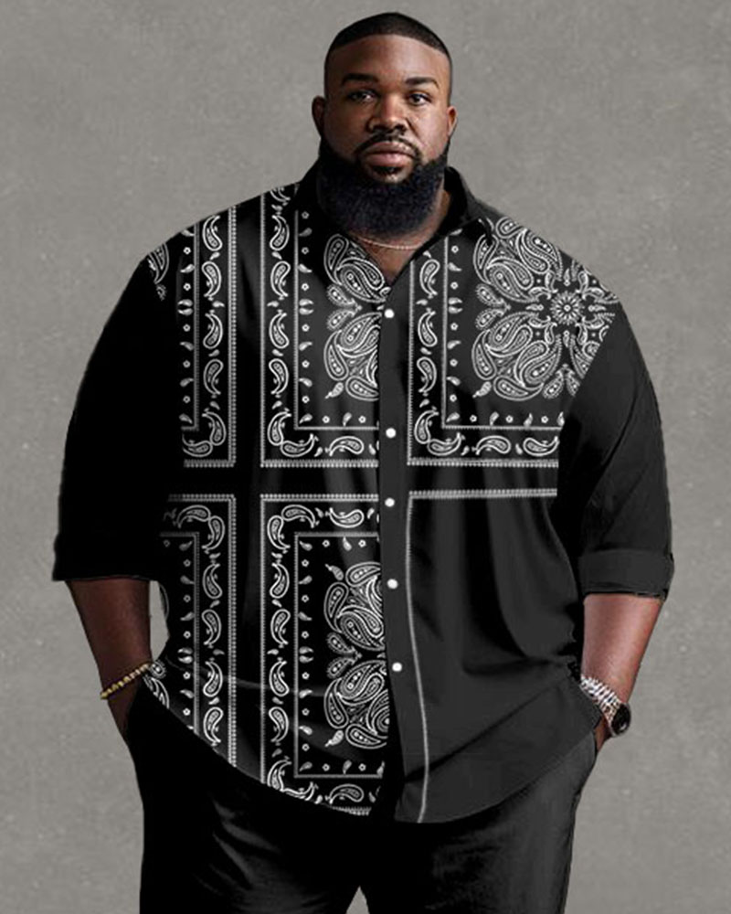 Men's Plus Size Street Fashion Vintage Stitching Pattern Long Sleeve Shirt Trousers Suit