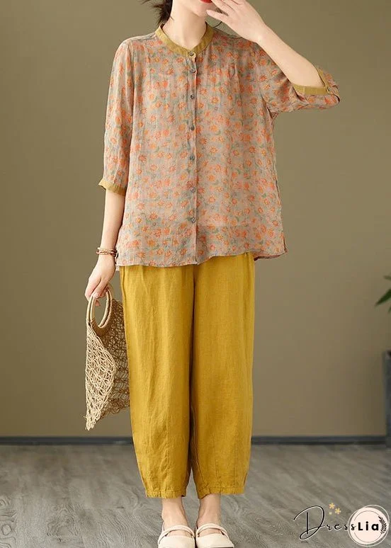 Orange Button Pockets Cotton Two-Piece Set Pink Half Sleeve Bracelet Sleeve