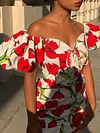 Floral Print V-Neck Drawstring Slim Vacation Mini Dress