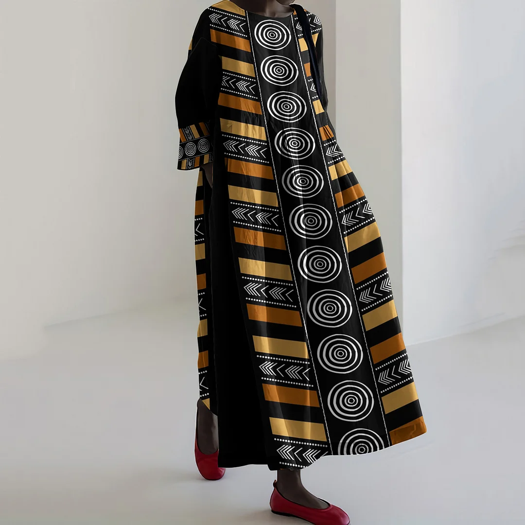 Vintage Tribal Tree Ring Art Print Linen Dress
