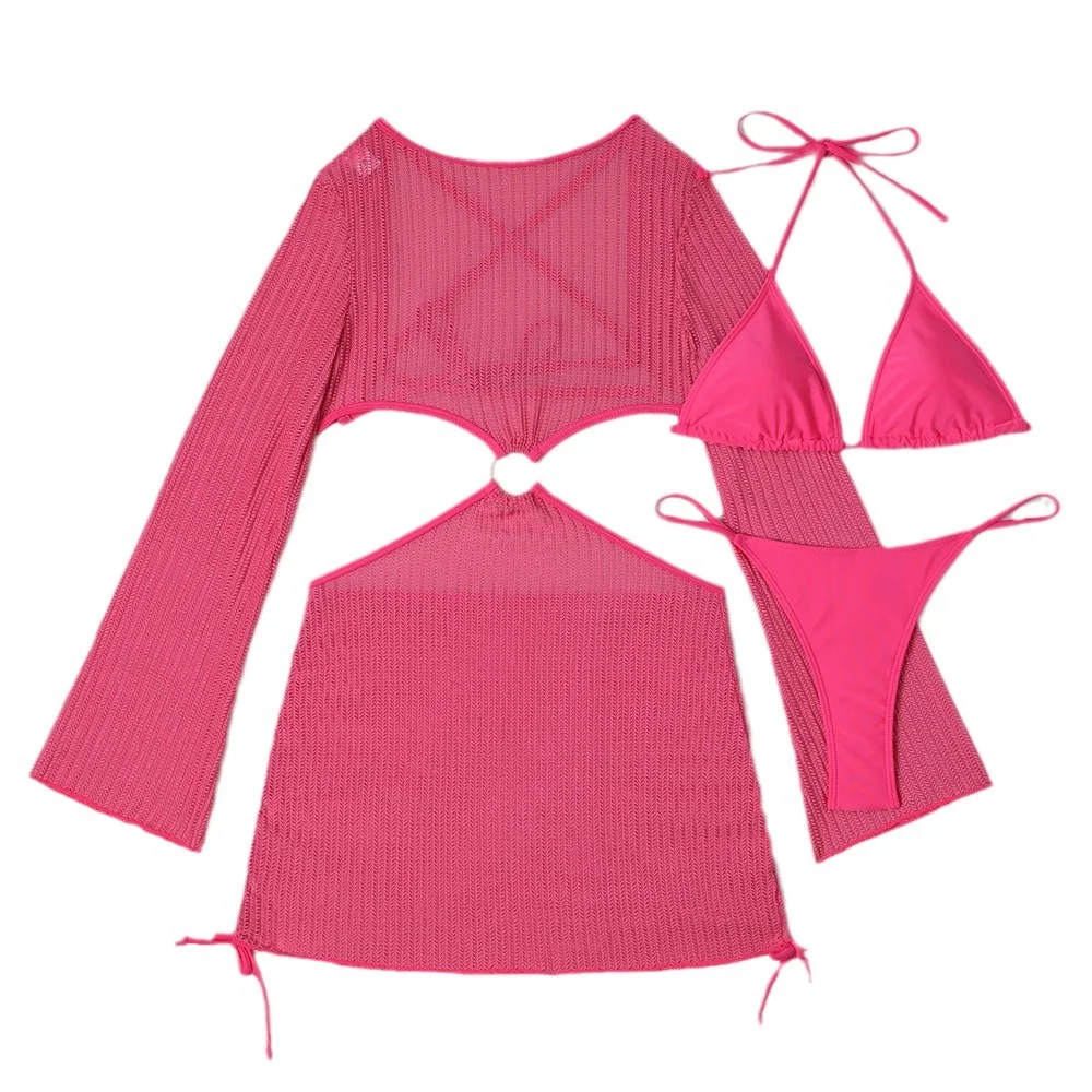 Uveng 2024 New Special Net Snipeg Empty Drawstring Strap Swimsuit Bikini Three-Piece Set