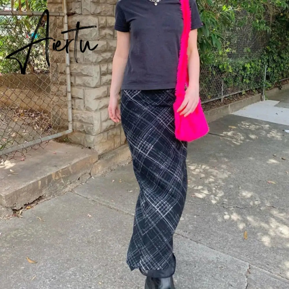 Plaid Skirt Women Y2k Retro Straight Skirts Double Layer Mesh E Girl 2000s Harajuku Aesthetic High Waist Skinny Streetwear Skirt Aiertu