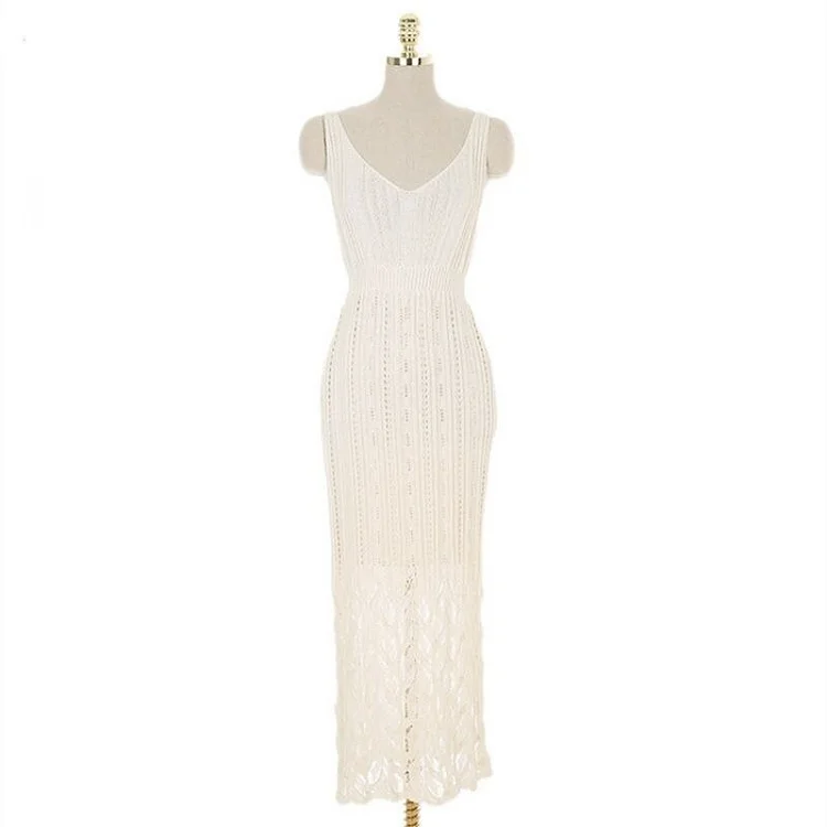 Sexy V-neck Low-cut Hollow Out Knit Sleeveless Dress