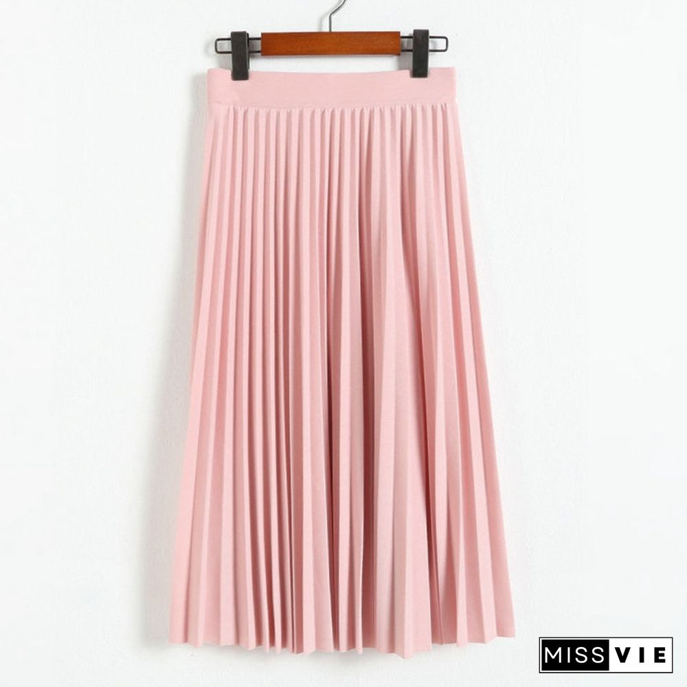 Women Fashion High Waist Pleated Solid Color Ankle Length Skirt All-Match Chiffon Clothing Lady Casual Stretchy Thicken Skirts