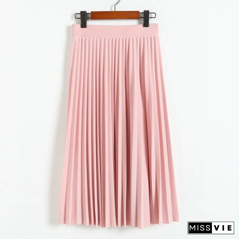 Women Fashion High Waist Pleated Solid Color Ankle Length Skirt All-Match Chiffon Clothing Lady Casual Stretchy Thicken Skirts