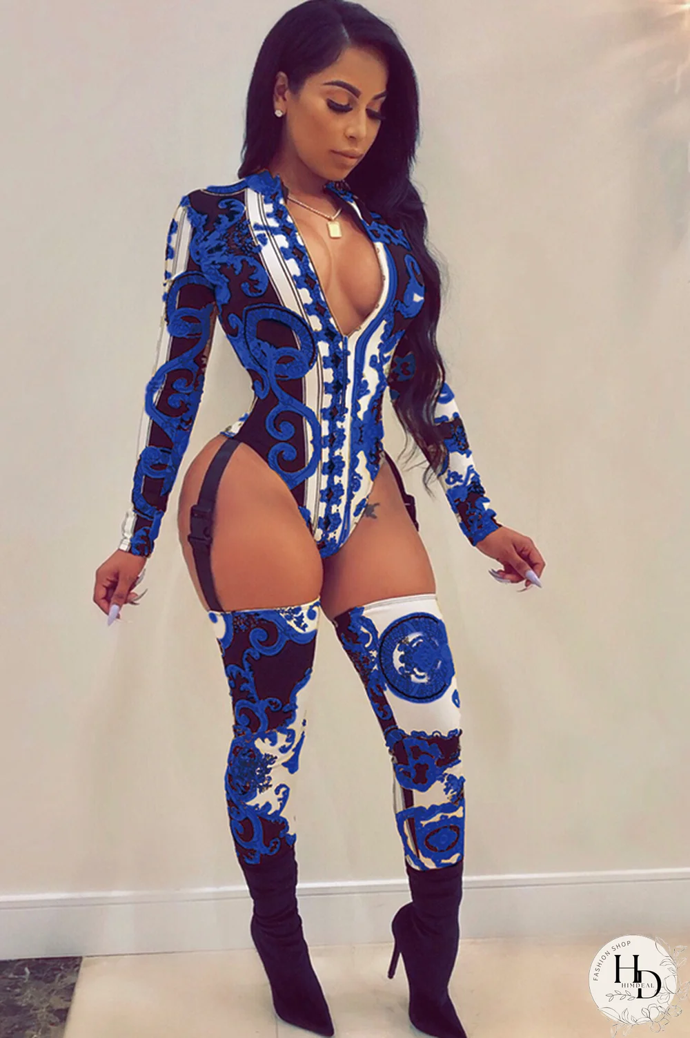 rose red Polyester Long Sleeve Print Patchwork Skinny shorts