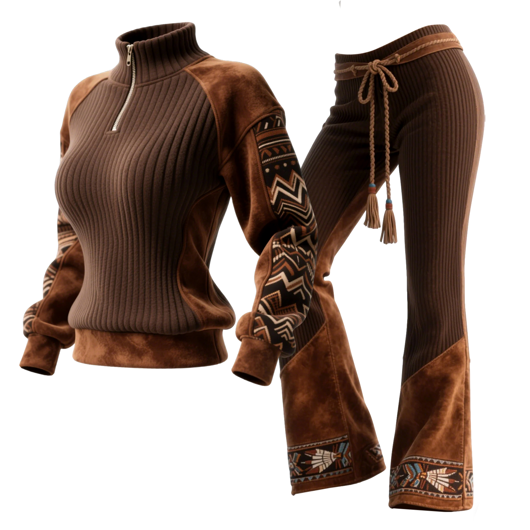 Women's Retro Ethnic Style Stand-up Collar Sweatshirt And Trousers Set, Featuring Vertical Striped Color-blocked Suede.