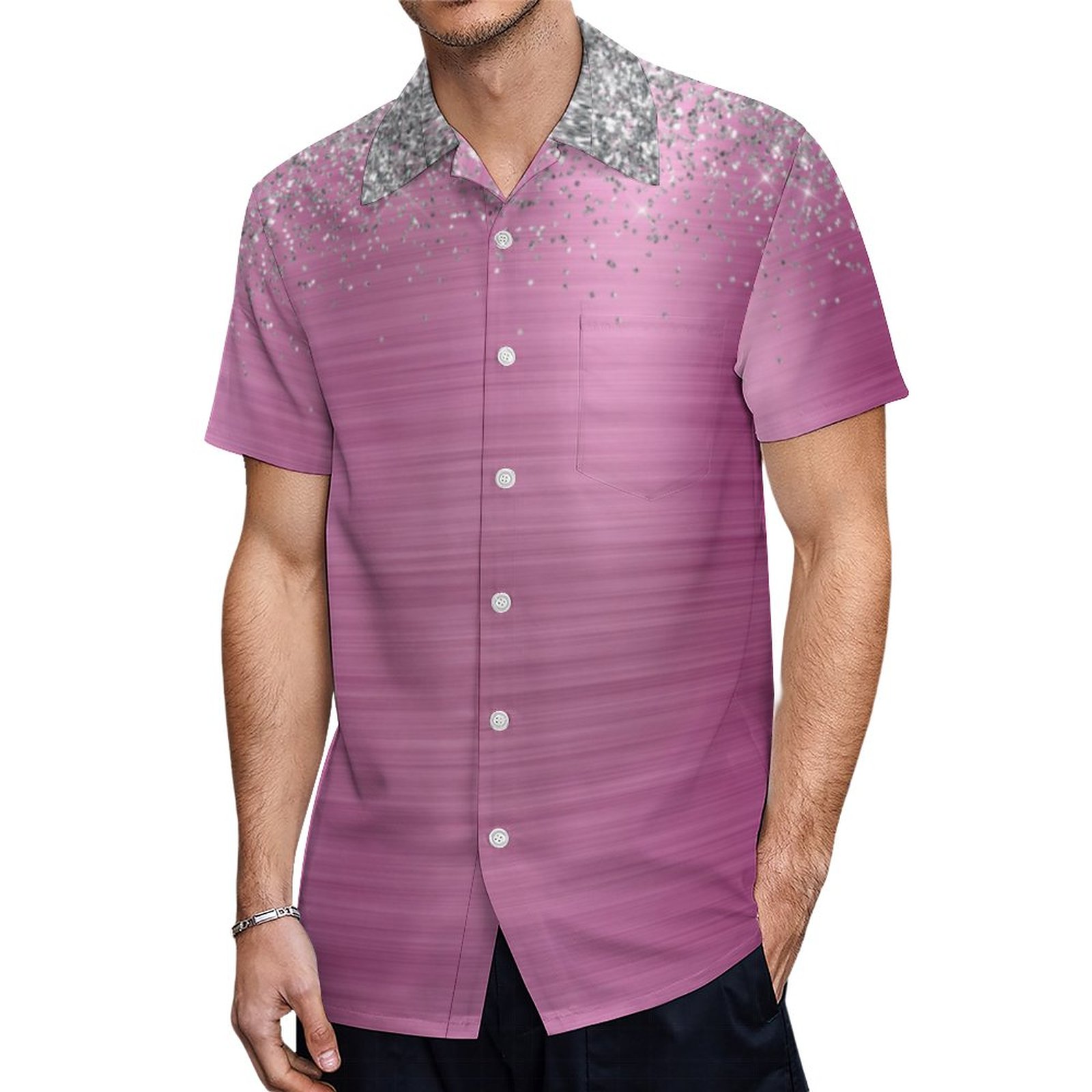 Pink Brushed Metal Silver Glitter Girly Glam Hawaiian Shirt Mens Button Down Tropical Hawaii Beach Shirts