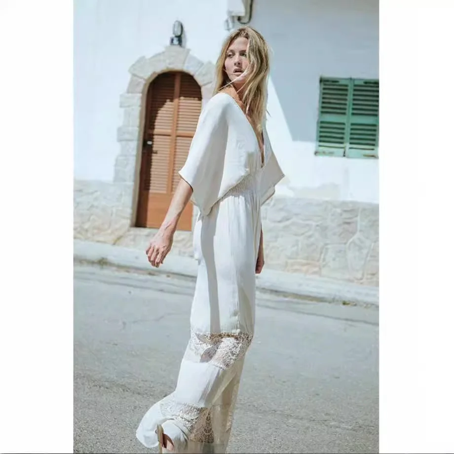 Uveng Uveng Spring And Summer Female Bohemian Beach White Cotton Wrinkled Dress Solid Color Long Dress