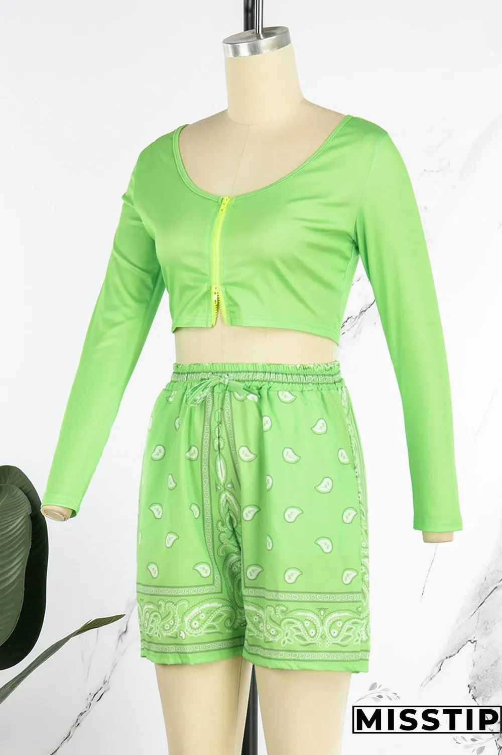 Fluorescent Green Casual Sportswear Print Patchwork Zipper Collar Long Sleeve Two Pieces