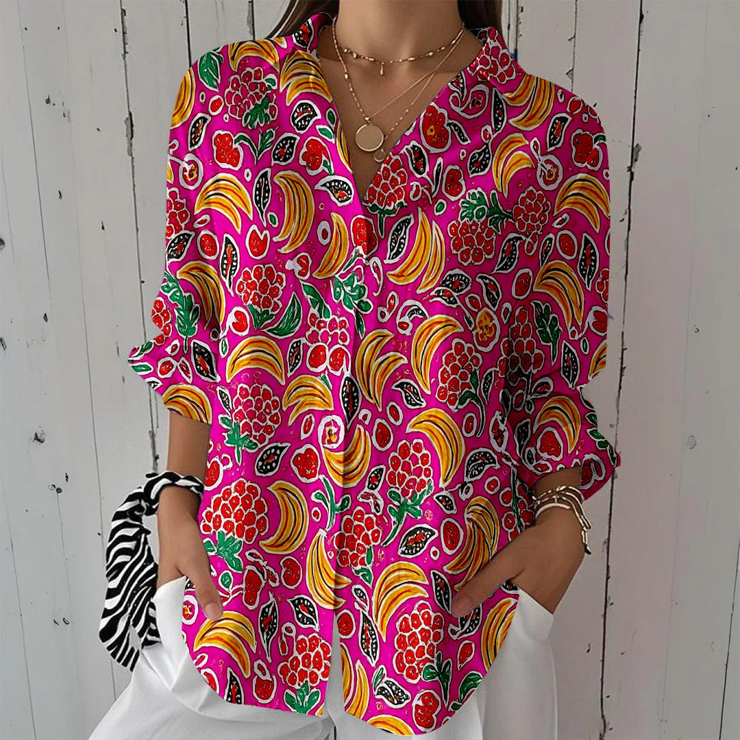 Style & Comfort for Mature Women Women Floral, Red, Pink DZCL0468 3/4 Sleeve Shirt Collar Printed Button Tops