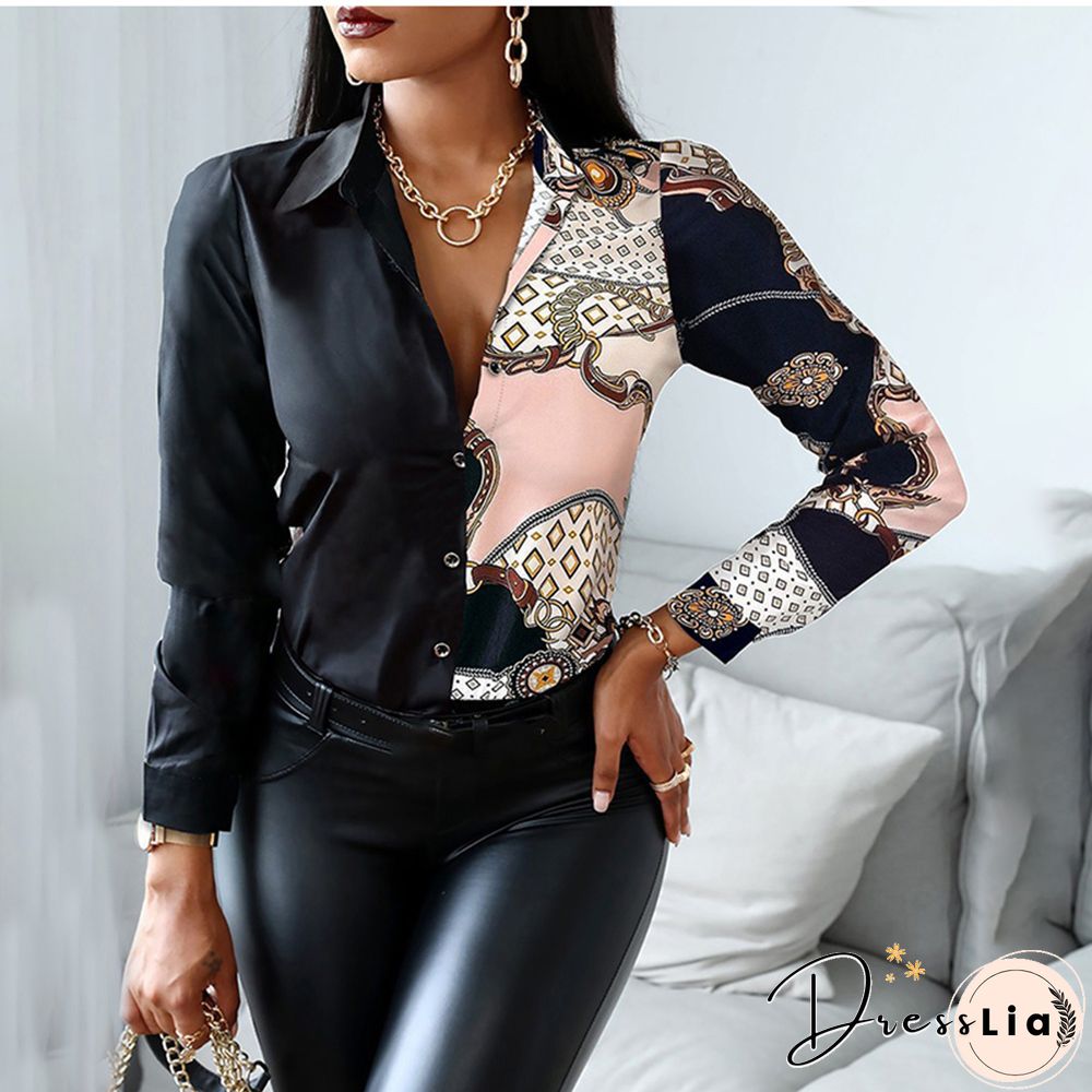 Autumn Women Black Floral Print Top Shirt Fashion Casual Long Sleeve Turn-down Collar Tops Shirts New Elegant Slim Button Shirts