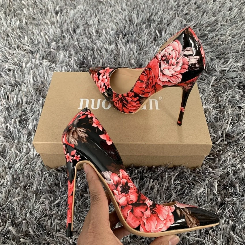 Fashion Women Shoes Stiletto 12cm/10cm/8cm High Heels Women Pumps Floral Print Patent Leather Ladies Party Wedding Woman Shoes
