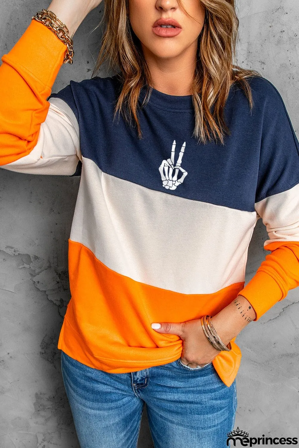 Halloween Skeleton Gesture Print Color Block Sweatshirt