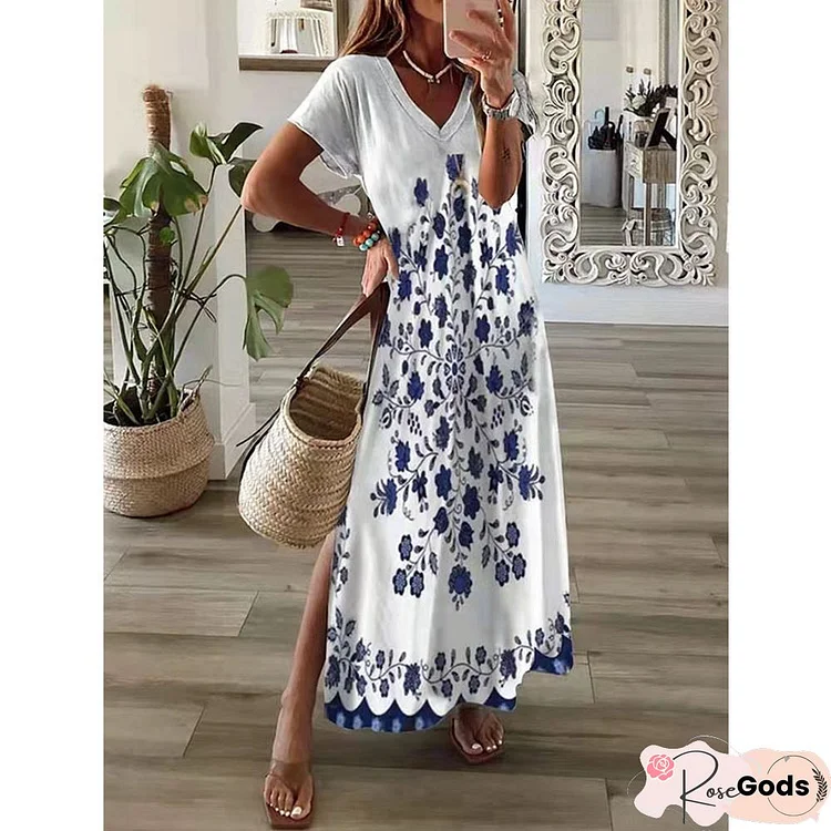 Spring Summer New Loose Leisure Printed Short Sleeve Dress For Women