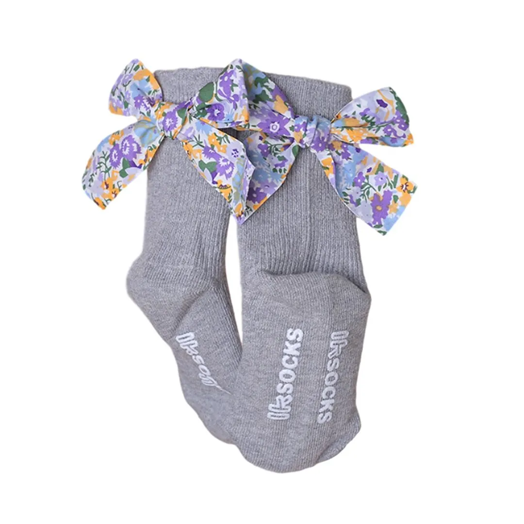 Infant Girls Cute Ribbed Socks Letter Printing Floral Bow Decoration Knitted Warm Non-Slip Breathable Socks 0-5Years