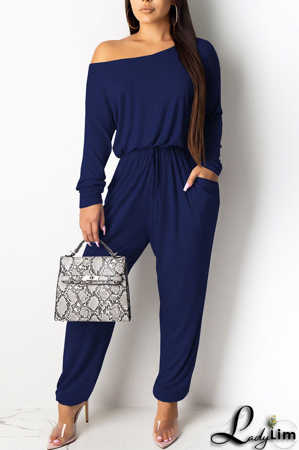 Grey Casual Solid Patchwork Frenulum Oblique Collar Straight Jumpsuits