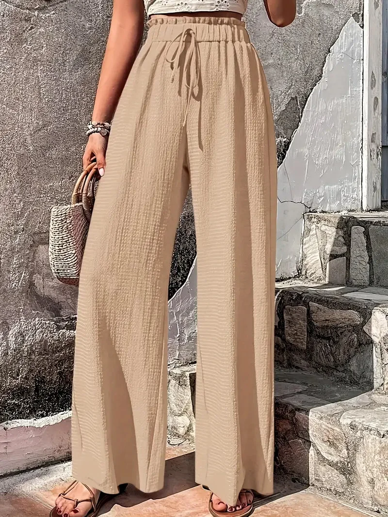 Brownm Color Casual Drawstring High Waist Pants