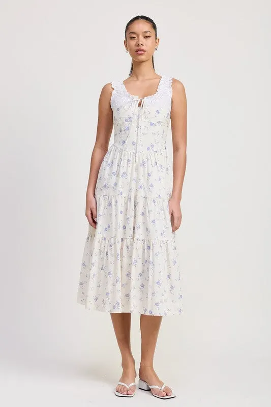 MIXED MEDIA EYELET PEEKABOO MIDI DRESS