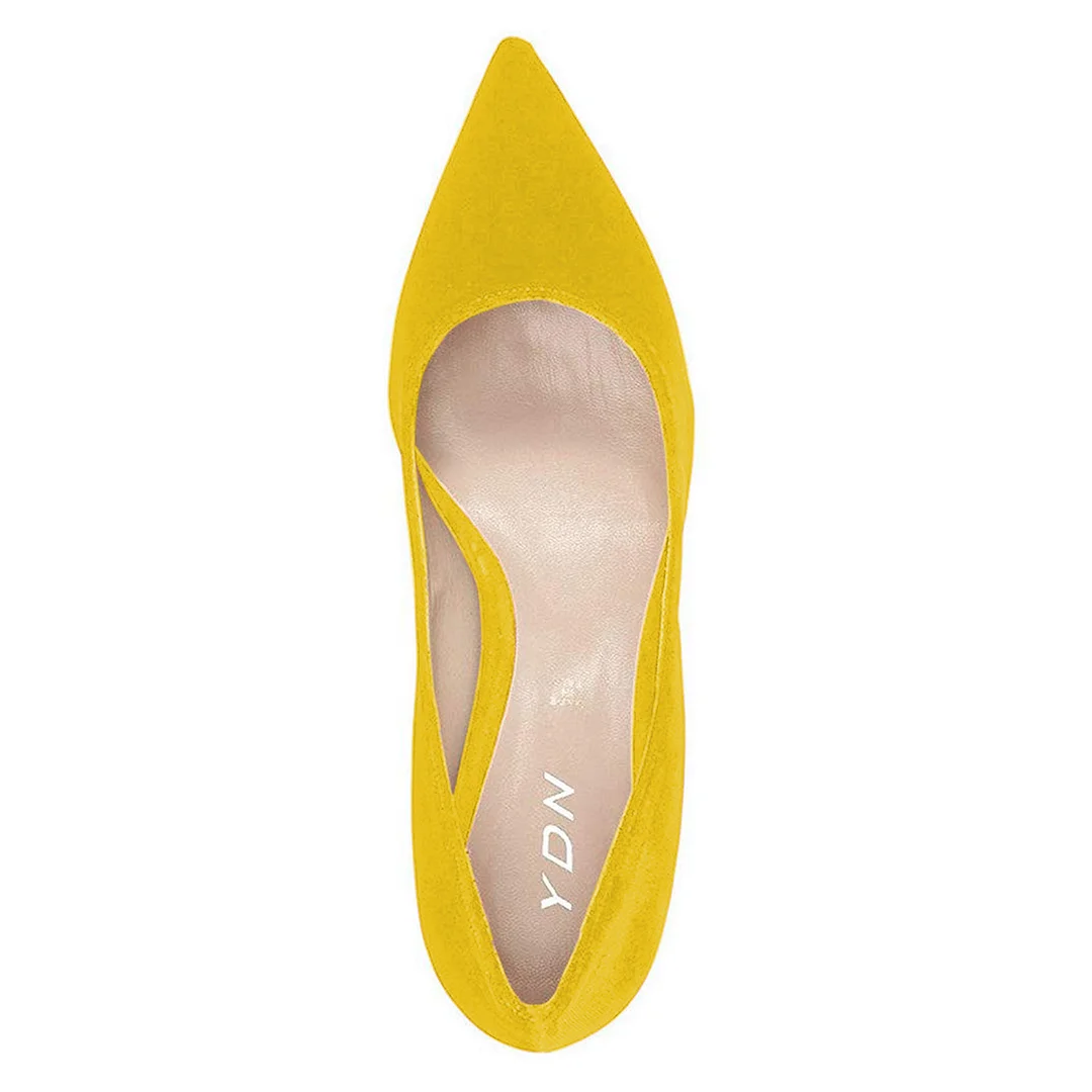 Ladies Pointed Toe Yellow Velvet Comfy Pumps with Chunky Heel
