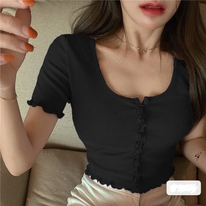 Korean Summer Crop Tops  Women Sexy Short Sleeve Rib Knitted  Top with Buttons Streetwear Solid Casual Shirt