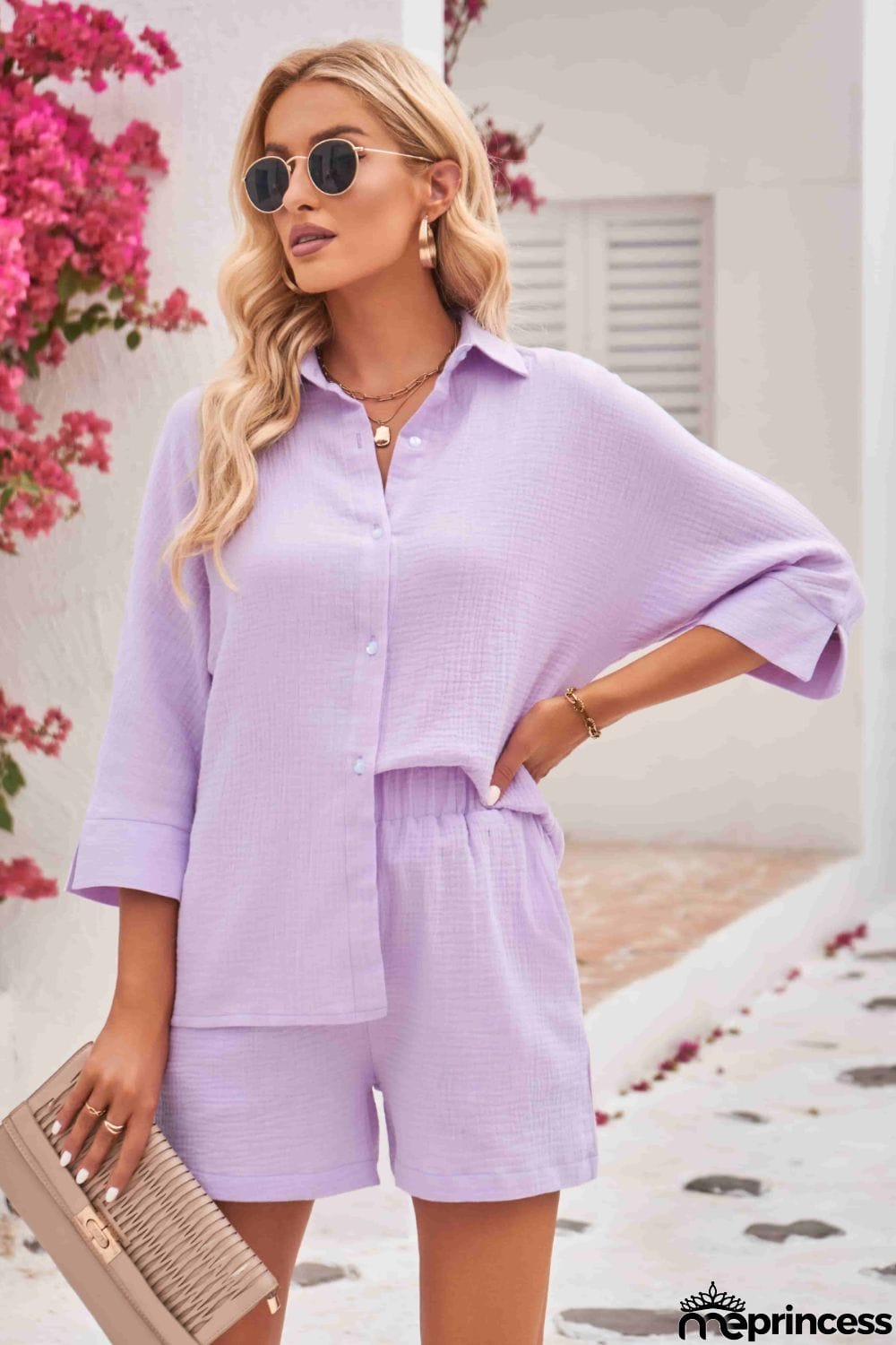 Textured Shirt and Elastic Waist Short with Pockets