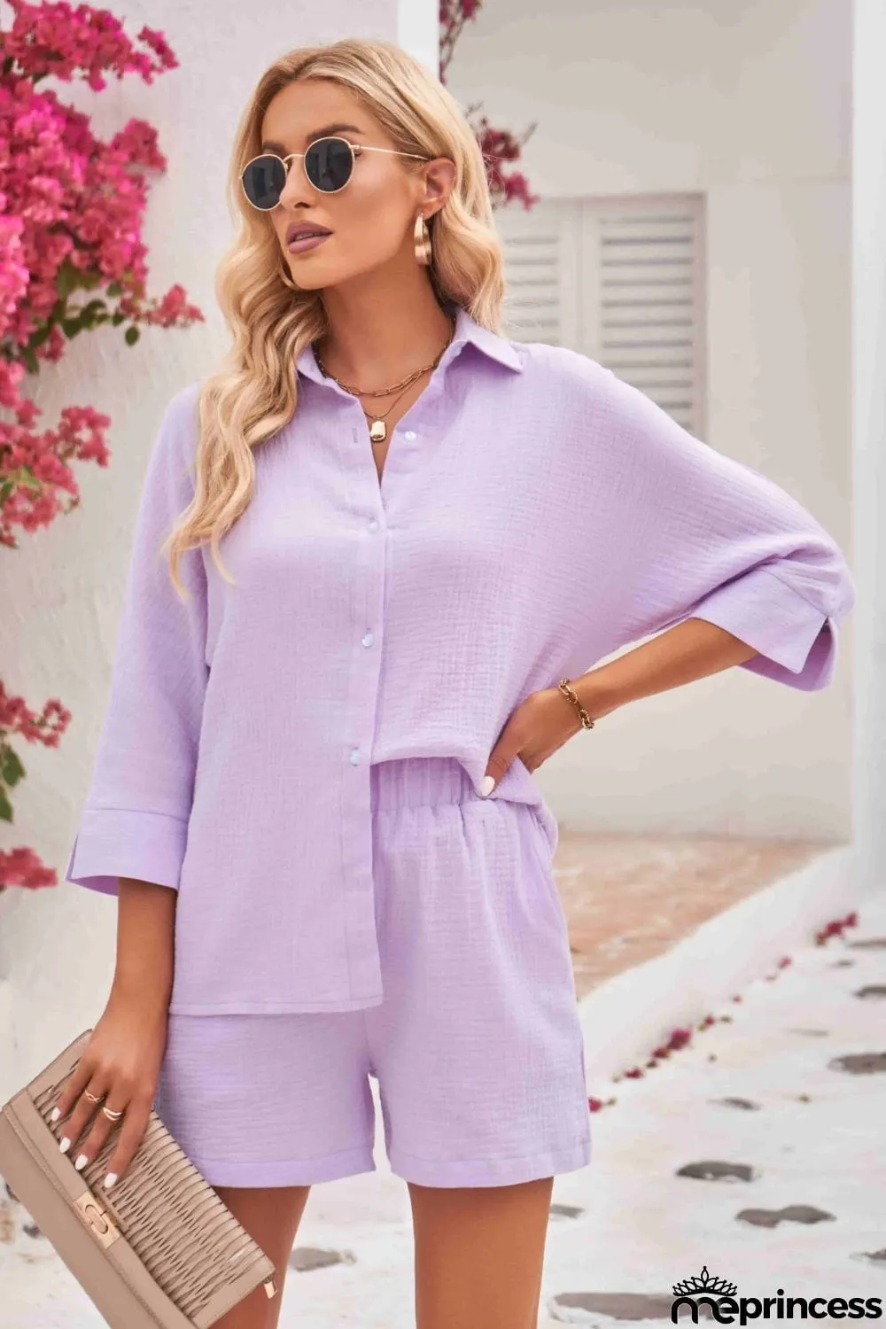 Textured Shirt and Elastic Waist Short with Pockets