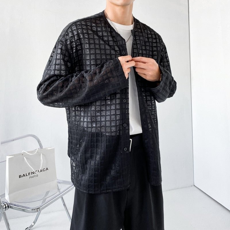 Woherb 2021 Stylish Summer Jacket Men Collarless Black White Plaid Mesh Breathable Sunscreen Coat Loose Ultra-thin Casual Clothing Man