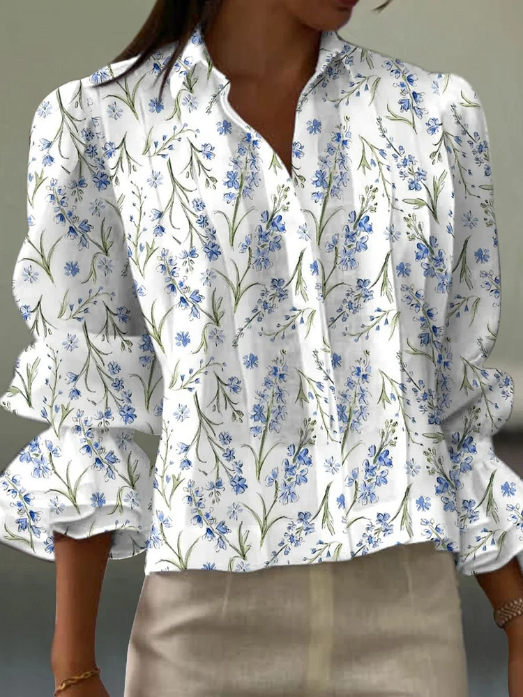 Women's  Vintage Flower Art Print Casual Short Sleeve Cotton And Linen Shirt