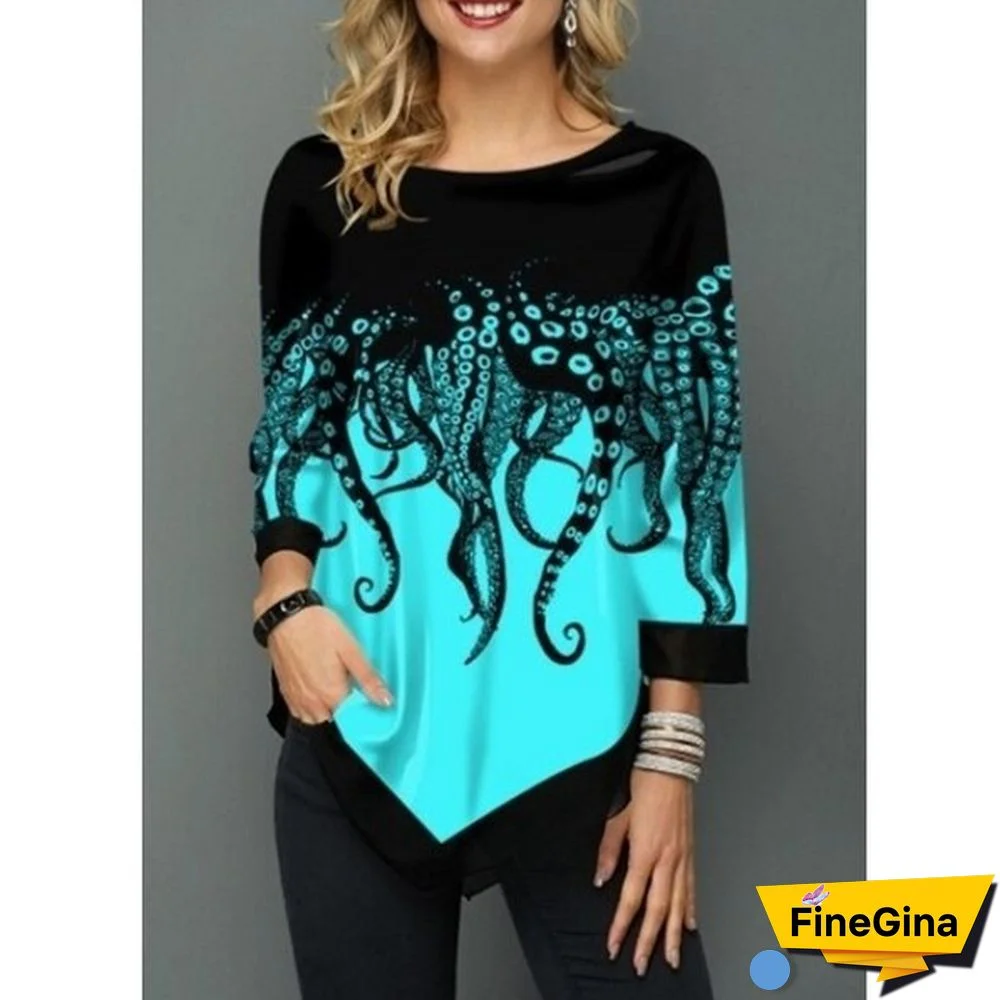 Women Clothing Fashion Casual Loose Pullovers Tee Shirt Femme Tops Spring Summer 3/4 Sleeve Print T-Shirts